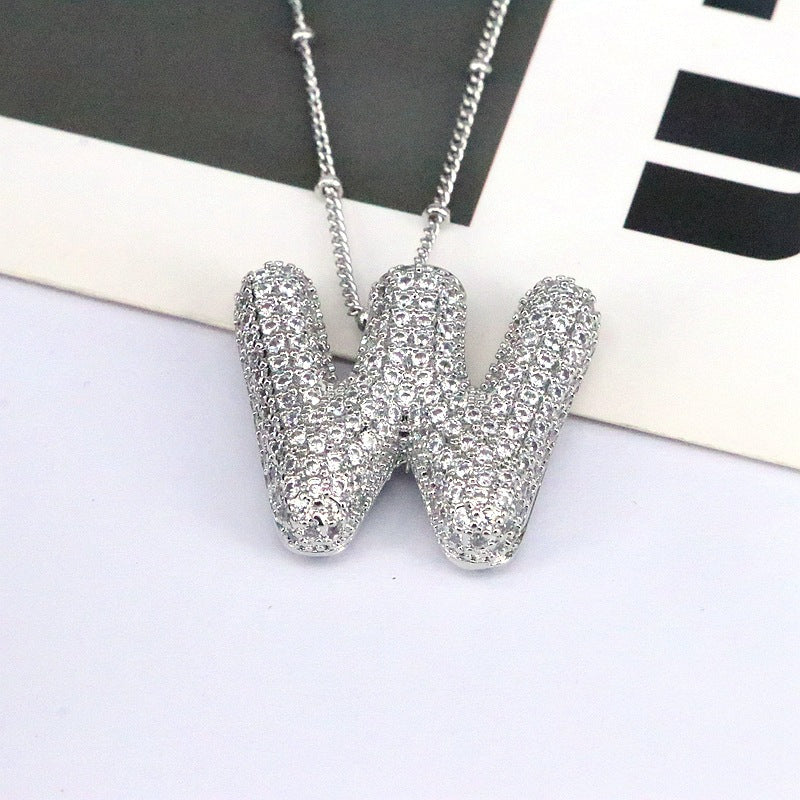 Brass Zircon Bubble Balloon Letter Pendant Necklace For Women